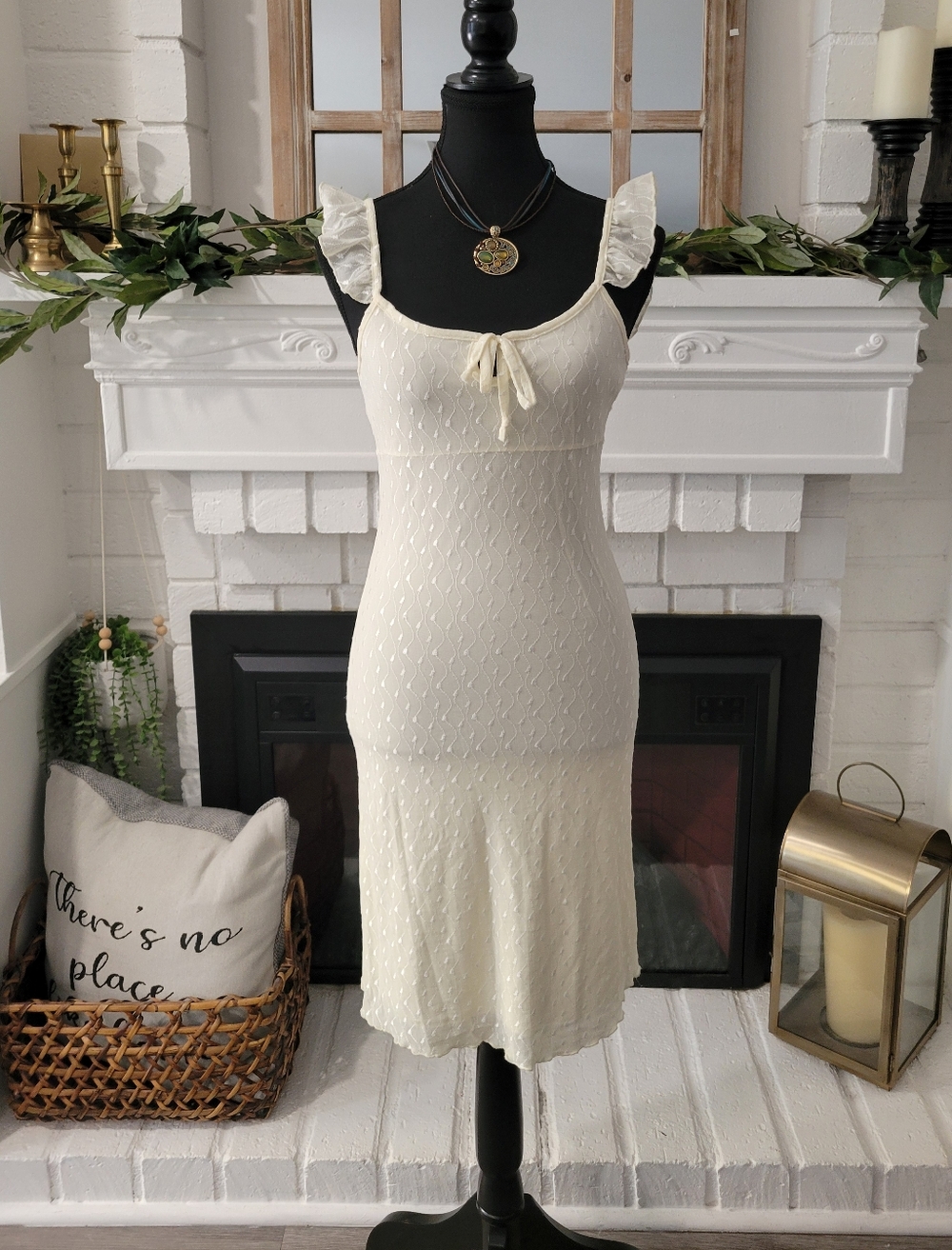 Vintage Cream Ruffle-Shoulder Double Line Mesh Coquette Midi Dress Size Large